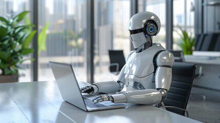Poster - Diligent robot is integrating ai into the workforce as it works on a laptop