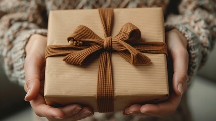 Close-up of two hands gently holding a beautifully wrapped gift box with a decorative bow on it