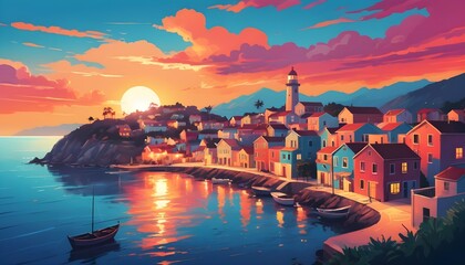 Wall Mural - A vibrant city on the sea's edge, bustling with activity. Skyscrapers reflect in the bay's blue waters, blending the salty breeze with the hum of traffic and street vendors.