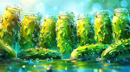 Wall Mural -   A painting depicting a cluster of green bananas arranged in glass jars, with water droplets glistening atop