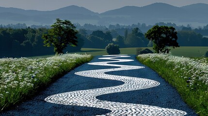 Wall Mural -   A winding road surrounded by tall grass, colorful flowers, and towering trees