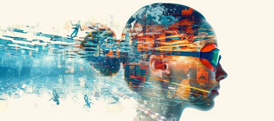 Wall Mural - Double exposure illustration featuring a swimmers head overlaid with water and cityscapes, creating a unique and abstract image