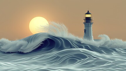 Wall Mural -   Lighthouse in the middle of the ocean, surrounded by waves, with the sun in the background