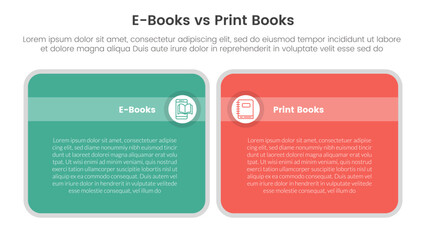 ebook vs physical book comparison concept for infographic template banner with big round box table with two point list information