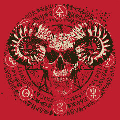 Poster - Vector illustration with people skull with horns, blood spots, pentagram, occult and witchcraft signs in grunge style. The symbol of Satanism Baphomet and magic runes written in a circle