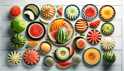 Wall Mural - Vibrant Melon Slices on Various Plates