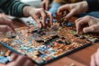 © Tasnim - Group of people assembling a jigsaw puzzle on a wooden table. Close-up indoor photography. Teamwork and leisure activity concept for design and print.