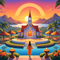 Wall Mural - Serene Sunset Behind Idyllic Mountain Church View