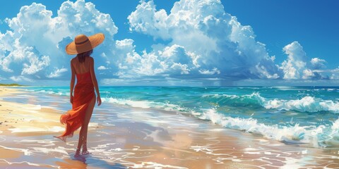 Wall Mural - Woman in a red dress walking along the beach