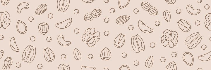 Walnut seamless pattern. Nuts in linear flat style. Hazelnuts, pistachios, almonds, walnuts, pecans, peanuts. Printable template. Vector illustration.