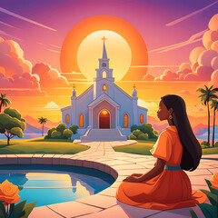 Wall Mural - Golden Hour Beauty Surrounding Still Waters and Church