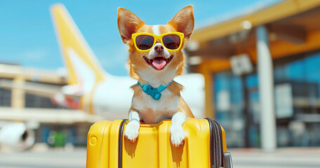 dog in sunglasses on a trip with suitcase