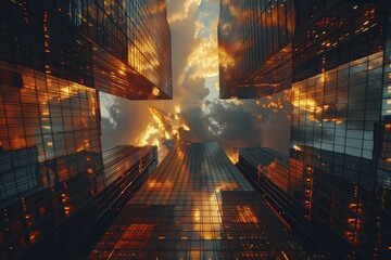 Poster - Reflective skyscrapers representing high-rise business office buildings in the urban landscape, low angle, sunset lighting, modern architecture