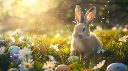 Wall Mural - Cute bunny rabbit sitting in a field of flowers and Easter eggs. The bunny is looking at the camera with a curious expression.