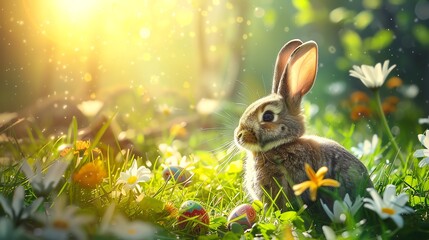 Wall Mural - Cute bunny rabbit sitting in a lush green field, surrounded by colorful Easter eggs and delicate white daisies.