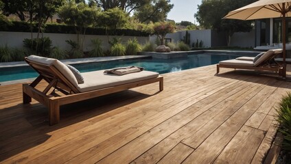 Wall Mural - Contemporary wooden patio adorned with outdoor furnishings and a pool, nestled in the garden of a modern home.