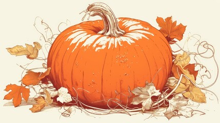 Poster - A hand drawn pumpkin sketch in orange with linear strokes evokes the festive spirit of the autumn harvest season