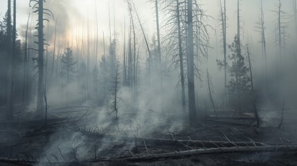 Canvas Print - Effects of a Forest Fire Charred Trees and Heavy Smoke