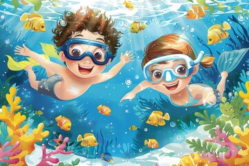 Two kids are illustrated swimming among vibrant tropical fish and coral reefs in a clear blue underwater setting