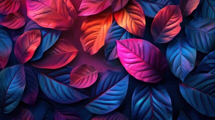 Wall Mural - A close up of a bunch of leaves with a blue background. The leaves are pink and purple