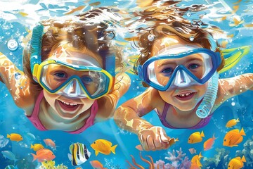 Two smiling children enjoying snorkeling underwater among colorful tropical fish and corals