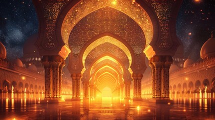 Wall Mural - A beautiful painting of a city with a large mosque in the center. The sky is filled with stars and the colors are warm and inviting. The mood of the painting is peaceful and serene