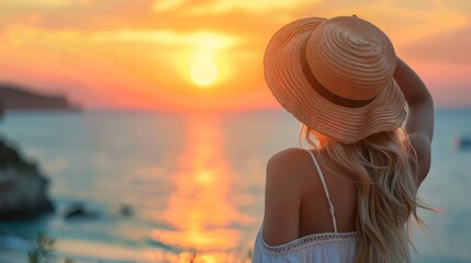 Wall Mural - Serene Woman Enjoying Summer Holidays, Gazing into Sunset over the Ocean