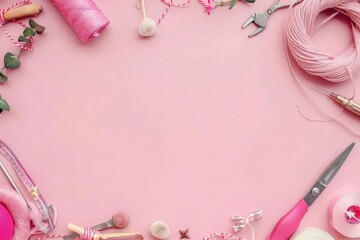Wall Mural - Flat lay of craft tools and materials on a pink background with copy space, in a top view. A stock photo contest winner, banner for a jewelry making business. High resolution and detailed.
