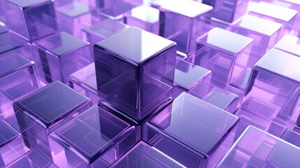 Abstract 3D rendering of transparent and reflective purple cubes, creating a geometric pattern and futuristic look.