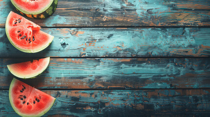 Sticker - Slices of fresh watermelon are arranged on a wooden background