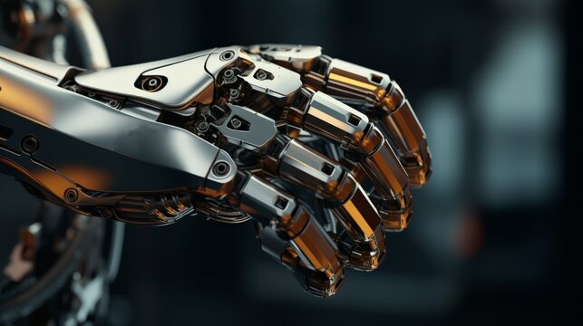 Close-up of a futuristic robotic hand with mechanical details and metallic components. Showcasing advanced technology and engineering precision.