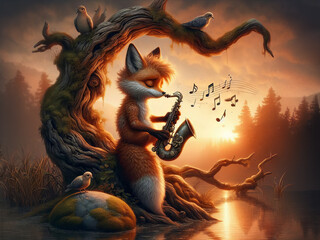 Wall Mural - Whimsical fox playing saxophone