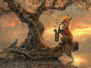 Wall Mural - Whimsical fox playing saxophone