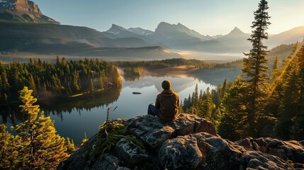 The image is of a man sitting on a rock in front of a lake. The sun is rising over the mountains in the distance. The sky is clear and blue.