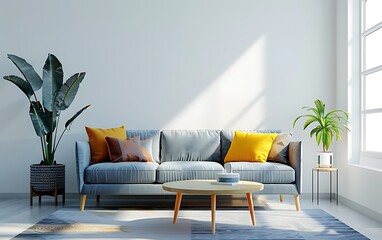 Wall Mural - Modern interior design of a minimalistic living room with a sofa and coffee table, on a white wall background