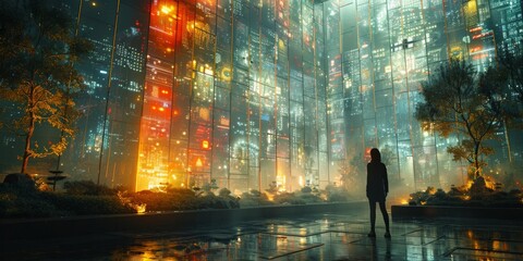 Wall Mural - A man is looking out over a futuristic cityscape during the night
