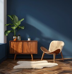 Wall Mural - Modern interior design of a dark blue wall with a walnut sideboard cabinet and wooden chair, a natural fur rug on a parquet floor, a plant in a golden vase