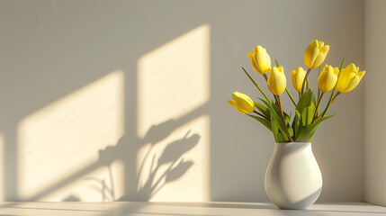 Wall Mural - a group of yellow tulips arranged in a white vase, with sunlight casting diagonal shadows on the background wall