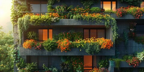 Wall Mural - The building has a balcony adorned with an abundance of flowers and plants