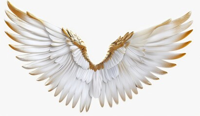 A white and gold angle wing angel bird in flight.