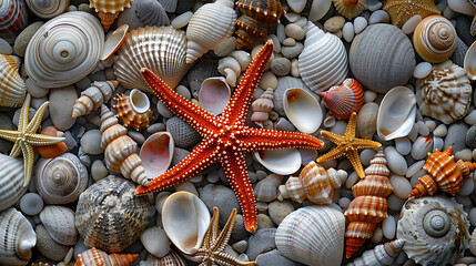 Wall Mural - a delightful collection of various sea shells and starfish. These marine treasures exhibit a diverse array of sizes, shapes, and patterns