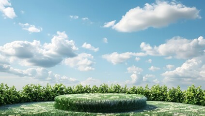 Wall Mural - green podium with grass on a blue background