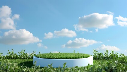 Wall Mural - green podium with grass on a blue background