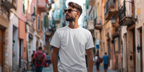 Wall Mural - White T-Shirt Mockup: Man In City Street. Generative AI