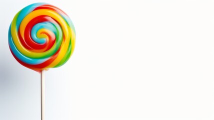 Wall Mural - Colorful rainbow swirl lollipop on a white background, offering a vibrant, playful, and sweet treat for candy lovers of all ages.