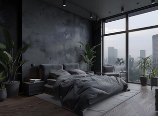 Wall Mural - Modern interior of a bedroom with gray walls, wooden floor and a panoramic window overlooking the city