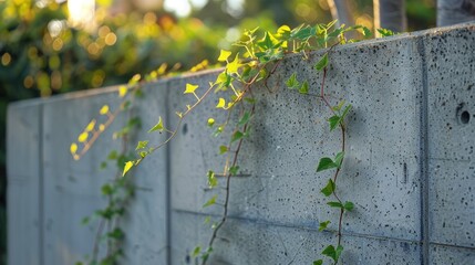 Poster - Plant climbing on cement wall with nature and plants in the background