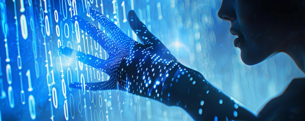 hand of a woman in a cyberspace environment surrounded by binary code in her hand - concept of the future with artificial intelligence