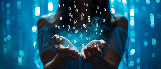 hand of a woman in a cyberspace environment surrounded by binary code in her hand - concept of the future with artificial intelligence