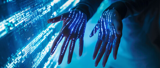 hand of a woman in a cyberspace environment surrounded by binary code in her hand - concept of the future with artificial intelligence